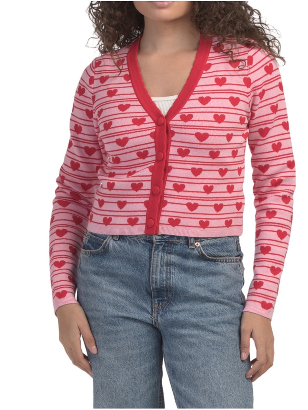 NWT KAILY K Pink and Red Heart-Pattern V-Neck Cropped Cardigan- M